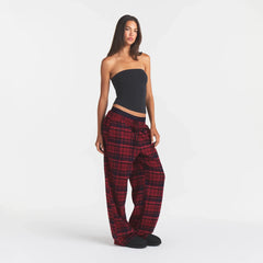 OUTDOOR FLANNEL OVERSIZED DOUBLE WAISTBAND PANT | MERLOT CABIN PLAID ON A MODEL | FOCUS: 0.0, 1.0, 0.9