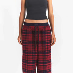 OUTDOOR FLANNEL OVERSIZED DOUBLE WAISTBAND PANT | MERLOT CABIN PLAID ON A MODEL | FOCUS: 0.0, 1.0, 0.9