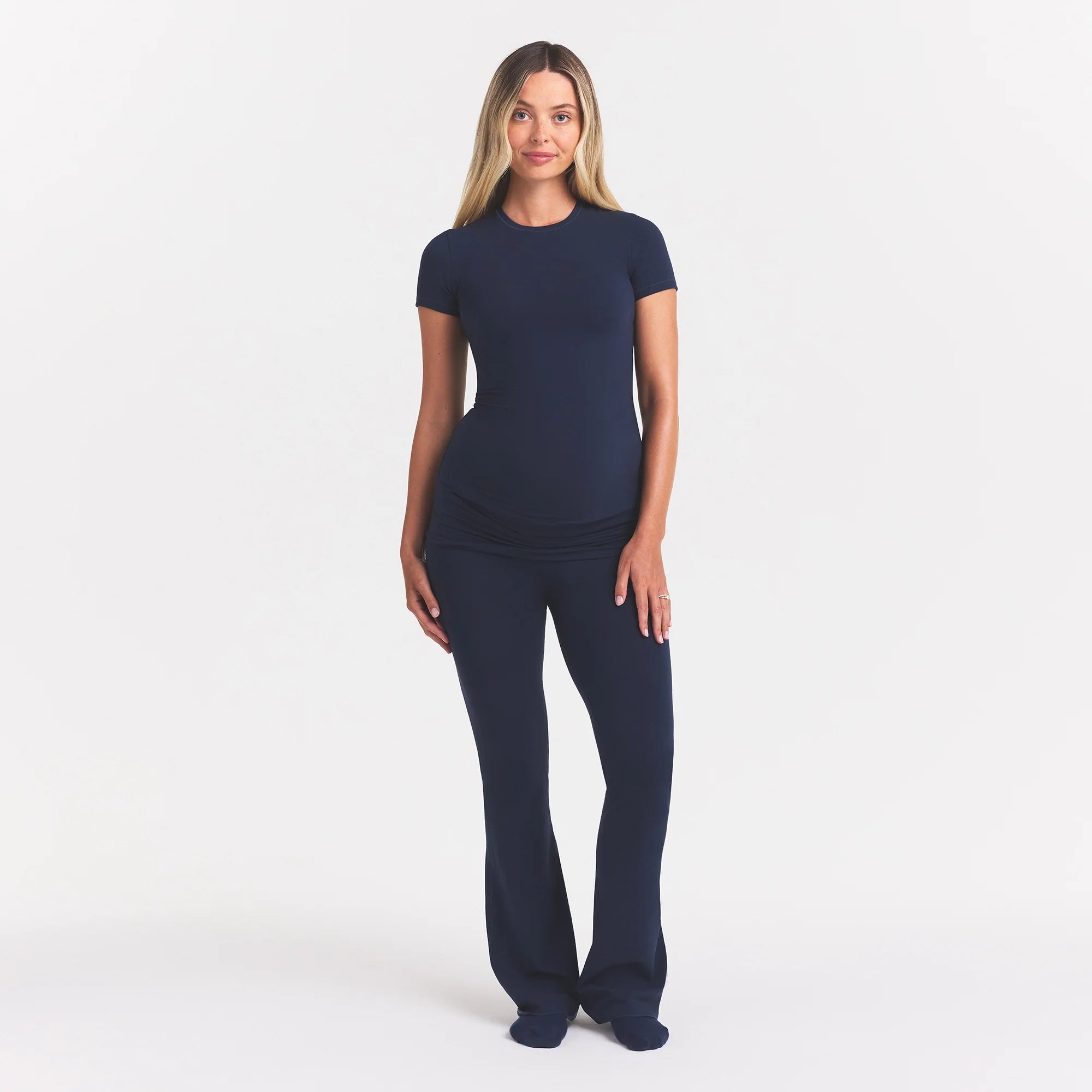 COTTON JERSEY MATERNITY FOLDOVER PANT | NAVY ON A MODEL FRONT VIEW @ | FOCUS: 0.0, 1.0, 0.9