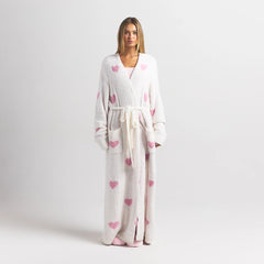 COZY KNIT UNISEX ROBE | IVORY SPACED HEARTS ON A MODEL FRONT VIEW @ | FOCUS: 0.0, 1.0, 0.9