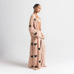 COZY KNIT UNISEX ROBE | MICA SPACED HEARTS ON A MODEL SIDE VIEW @ | FOCUS: 0.0, 1.0, 0.9