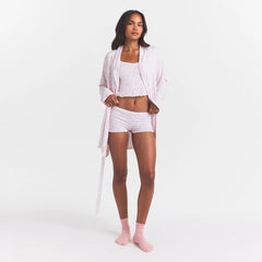 SKIMS SLEEP SHORT ROBE | SNOW DELICATE FLORAL PRINT ON A MODEL FRONT VIEW