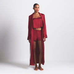 WOVEN SHINE LONG ROBE | BRICK ON A MODEL FRONT VIEW @ | FOCUS: 0.0, 1.0, 0.9