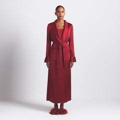 WOVEN SHINE LONG ROBE | BRICK ON A MODEL FRONT VIEW @ | FOCUS: 0.0, 1.0, 0.9