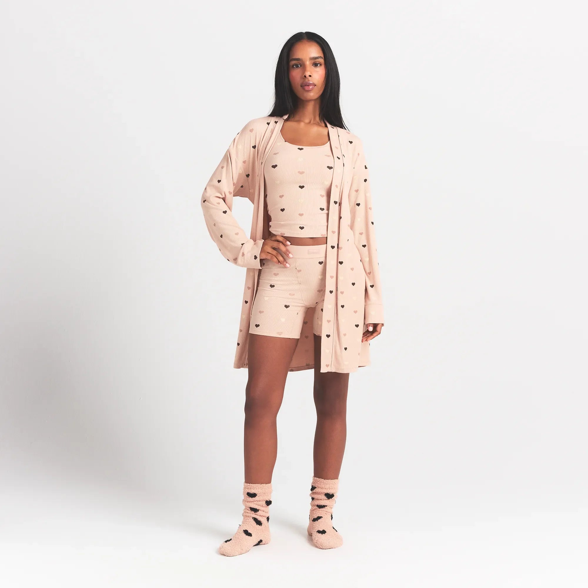 SOFT LOUNGE ROBE | MICA MINI HEART HALFDROP ON A MODEL FRONT VIEW @ | FOCUS: 0.0, 1.0, 0.9