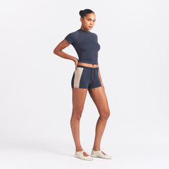 NikeSKIMS MATTE AND SHINE DRAWCORD 2" SHORT | DEEP ROYAL/STONE ON A MODEL SIDE VIEW @ | FOCUS: 0.0, 1.0, 0.9