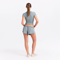 NikeSKIMS AIRY MINI SHORT | WASHED PACIFIC ON A MODEL SIDE VIEW @ | FOCUS: 0.0, 1.0, 0.9
