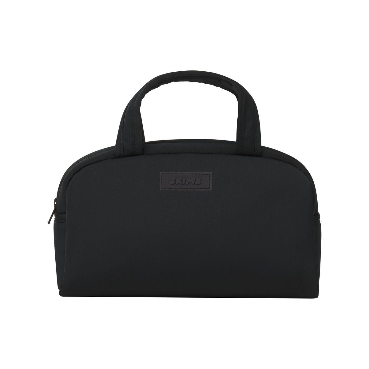 SKIMS ACCESSORIES SATIN MINI DUFFLE BAG | ONYX FLAT ON A WHITE BACKGROUND | FLT