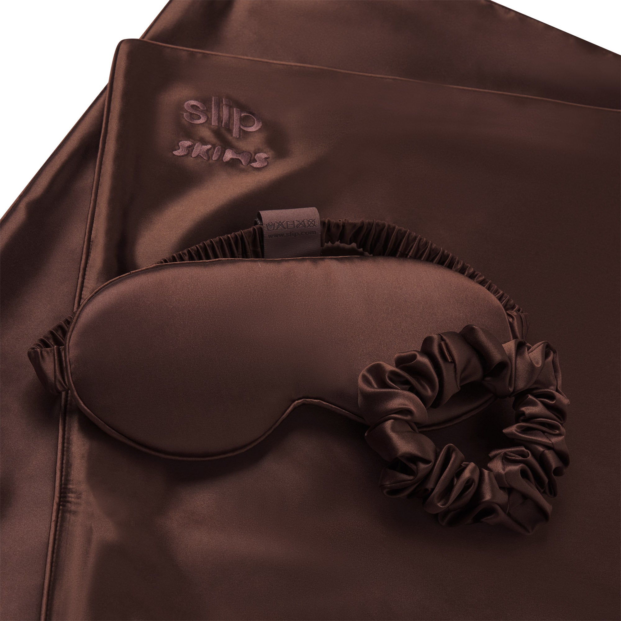SLIP X SKIMS PURE SILK SIGNATURE GIFT SET | COCOA FLAT ON A WHITE BACKGROUND | FLT