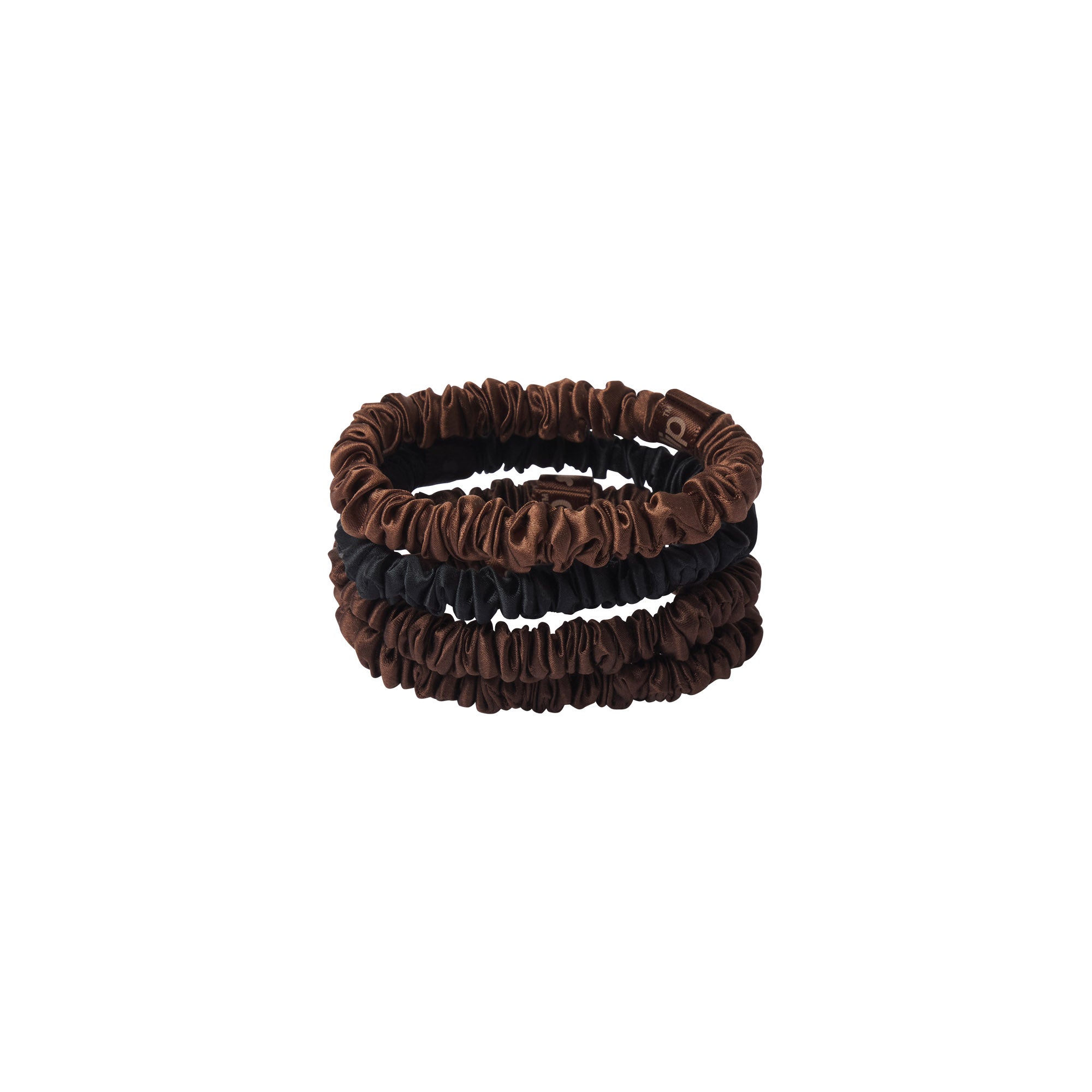 SLIP X SKIMS PURE SILK SKINNY SCRUNCHIES 4-PACK | DEEP FLAT ON A WHITE BACKGROUND | FLT @ | FOCUS: 0.9, 0.1, 0.7