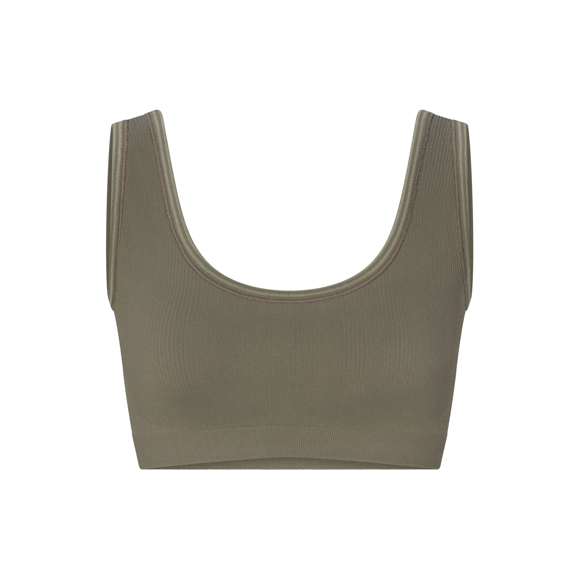 NikeSKIMS RIBBED SEAMLESS SCOOP BRA | DUSTY OAKMOSS FLAT ON A WHITE BACKGROUND | FLT