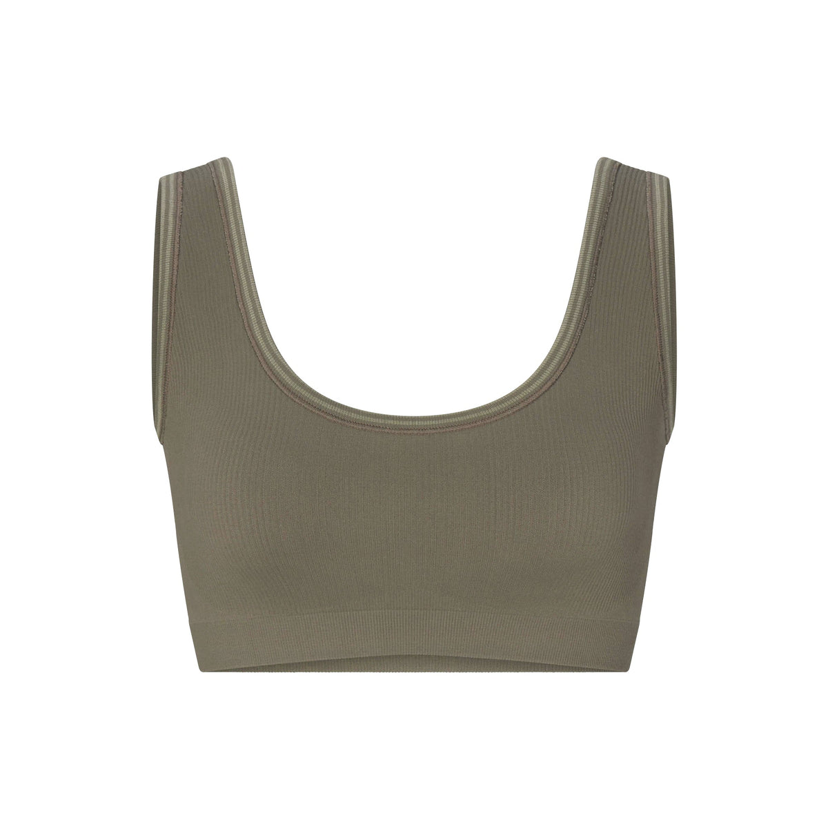 NikeSKIMS RIBBED SEAMLESS SCOOP BRA | DUSTY OAKMOSS FLAT ON A WHITE BACKGROUND | FLT