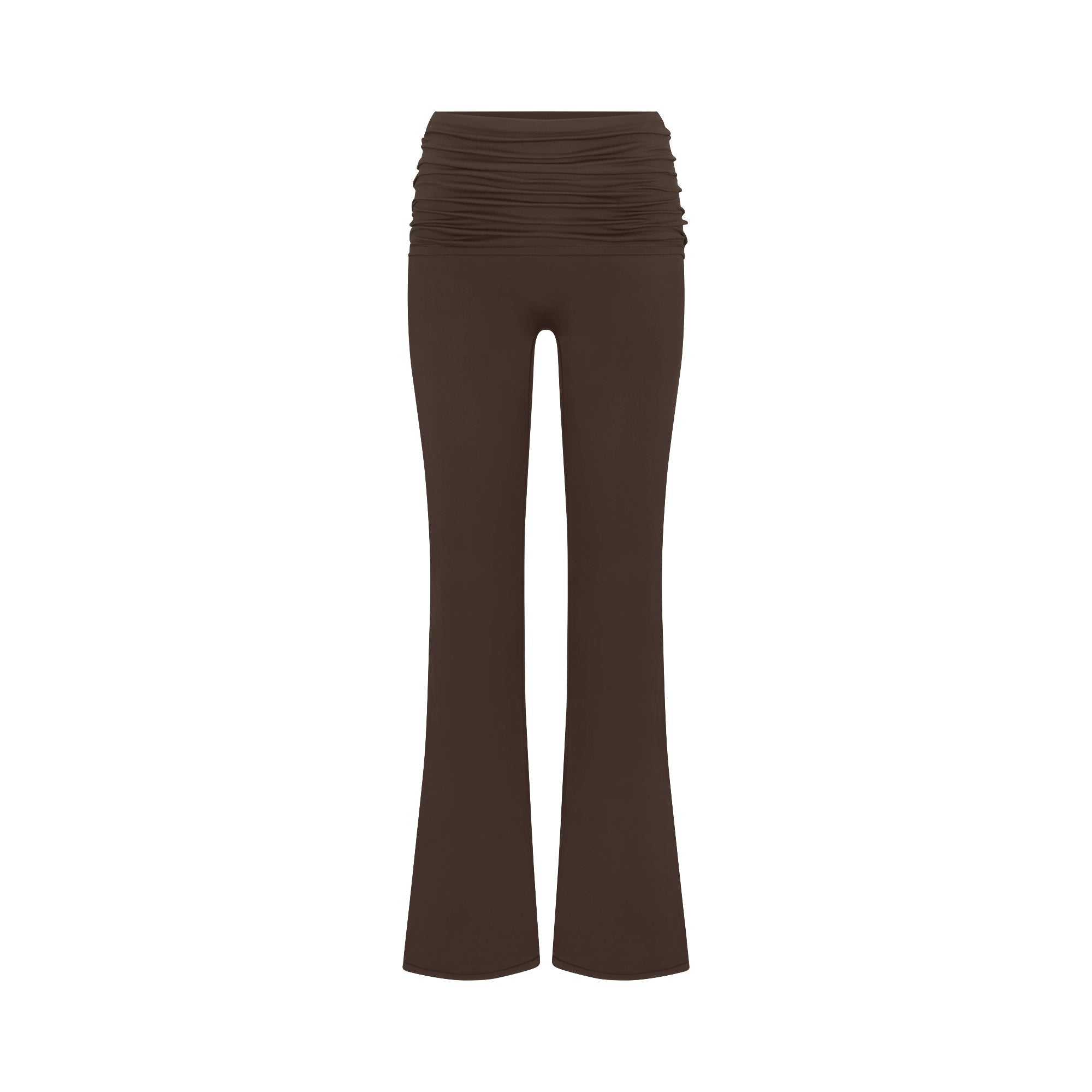 NikeSKIMS MATTE FOLDOVER SLIM FLARE LEGGING | DARK SEPIA FLAT ON A WHITE BACKGROUND | FLT