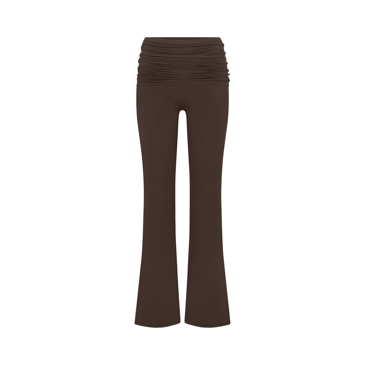 NikeSKIMS MATTE FOLDOVER SLIM FLARE LEGGING | DARK SEPIA FLAT ON A WHITE BACKGROUND | FLT