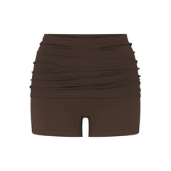 NikeSKIMS MATTE 3" FOLDOVER SHORT | DARK SEPIA FLAT ON A WHITE BACKGROUND | FLT