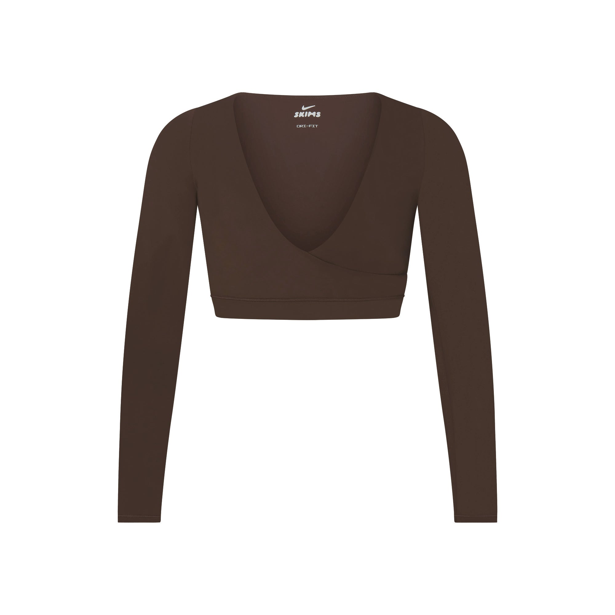 NikeSKIMS MATTE WRAP LONG SLEEVE CROPPED TOP | DARK SEPIA FLAT ON A WHITE BACKGROUND | FLT