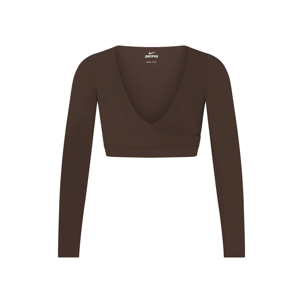 NikeSKIMS MATTE WRAP LONG SLEEVE CROPPED TOP | DARK SEPIA FLAT ON A WHITE BACKGROUND | FLT
