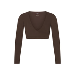 NikeSKIMS MATTE WRAP LONG SLEEVE CROPPED TOP | DARK SEPIA FLAT ON A WHITE BACKGROUND | FLT