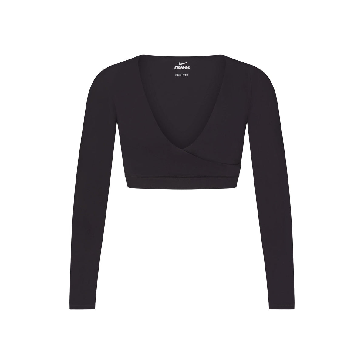 NikeSKIMS MATTE WRAP LONG SLEEVE CROPPED TOP | OBSIDIAN FLAT ON A WHITE BACKGROUND | FLT