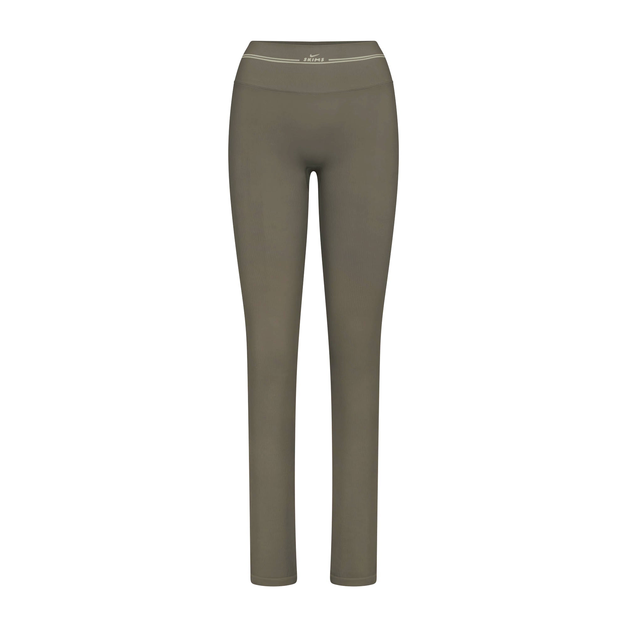 NikeSKIMS RIBBED SEAMLESS 34" STRAIGHT LEGGING | DUSTY OAKMOSS FLAT ON A WHITE BACKGROUND | FLT