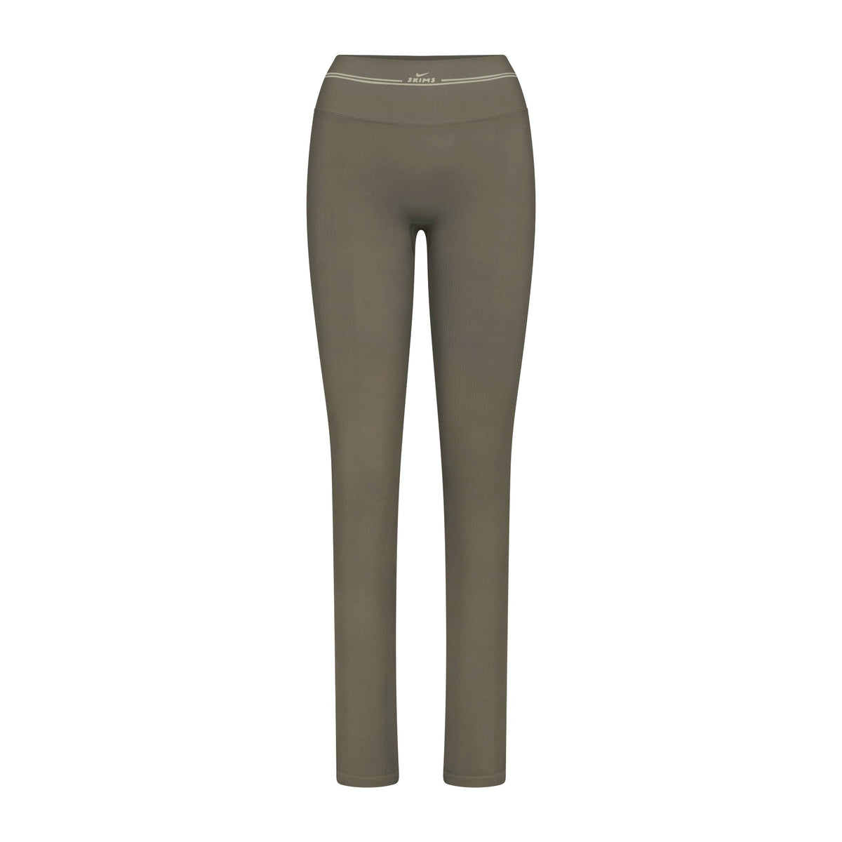 NikeSKIMS RIBBED SEAMLESS 34" STRAIGHT LEGGING | DUSTY OAKMOSS FLAT ON A WHITE BACKGROUND | FLT