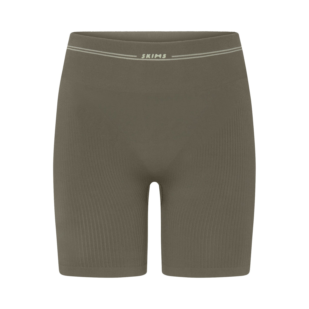 NikeSKIMS RIBBED SEAMLESS 5" BIKER SHORT | DUSTY OAKMOSS FLAT ON A WHITE BACKGROUND | FLT