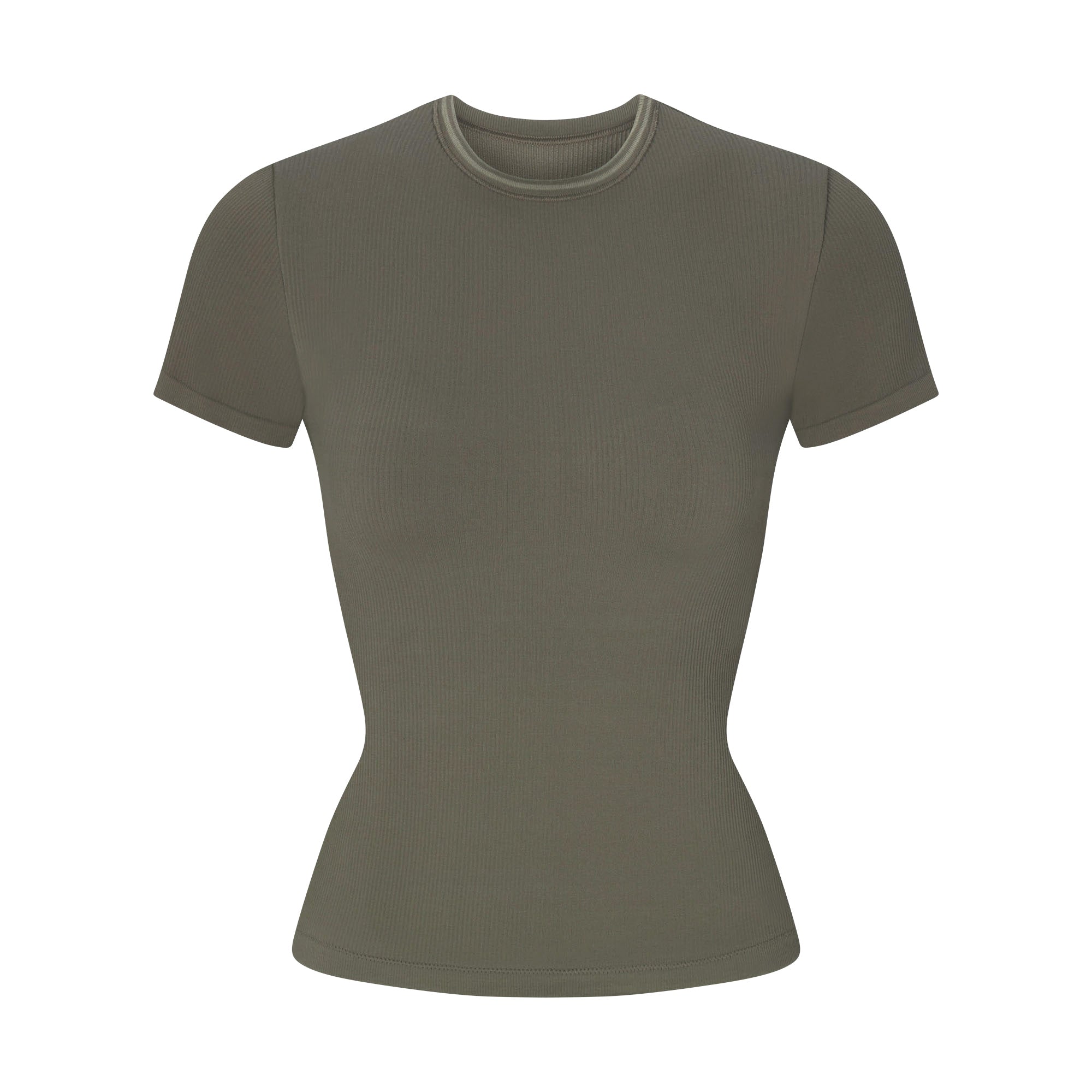 NikeSKIMS RIBBED SEAMLESS BABY TEE | DUSTY OAKMOSS FLAT ON A WHITE BACKGROUND | FLT