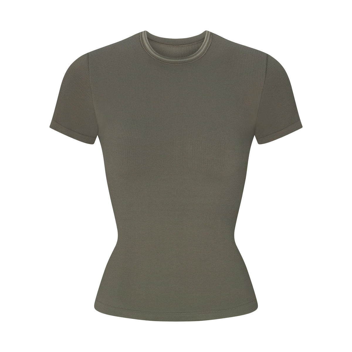 NikeSKIMS RIBBED SEAMLESS BABY TEE | DUSTY OAKMOSS FLAT ON A WHITE BACKGROUND | FLT