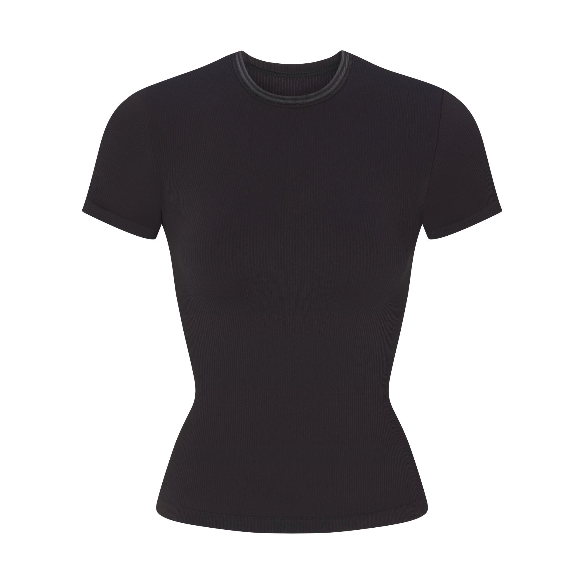 NikeSKIMS RIBBED SEAMLESS BABY TEE | OBSIDIAN/ARMOR FLAT ON A WHITE BACKGROUND | FLT