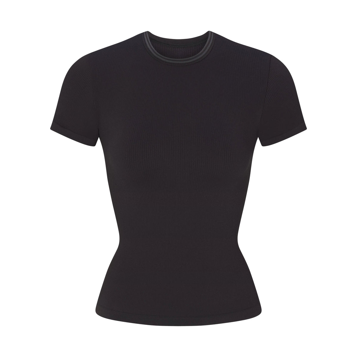NikeSKIMS RIBBED SEAMLESS BABY TEE | OBSIDIAN/ARMOR FLAT ON A WHITE BACKGROUND | FLT