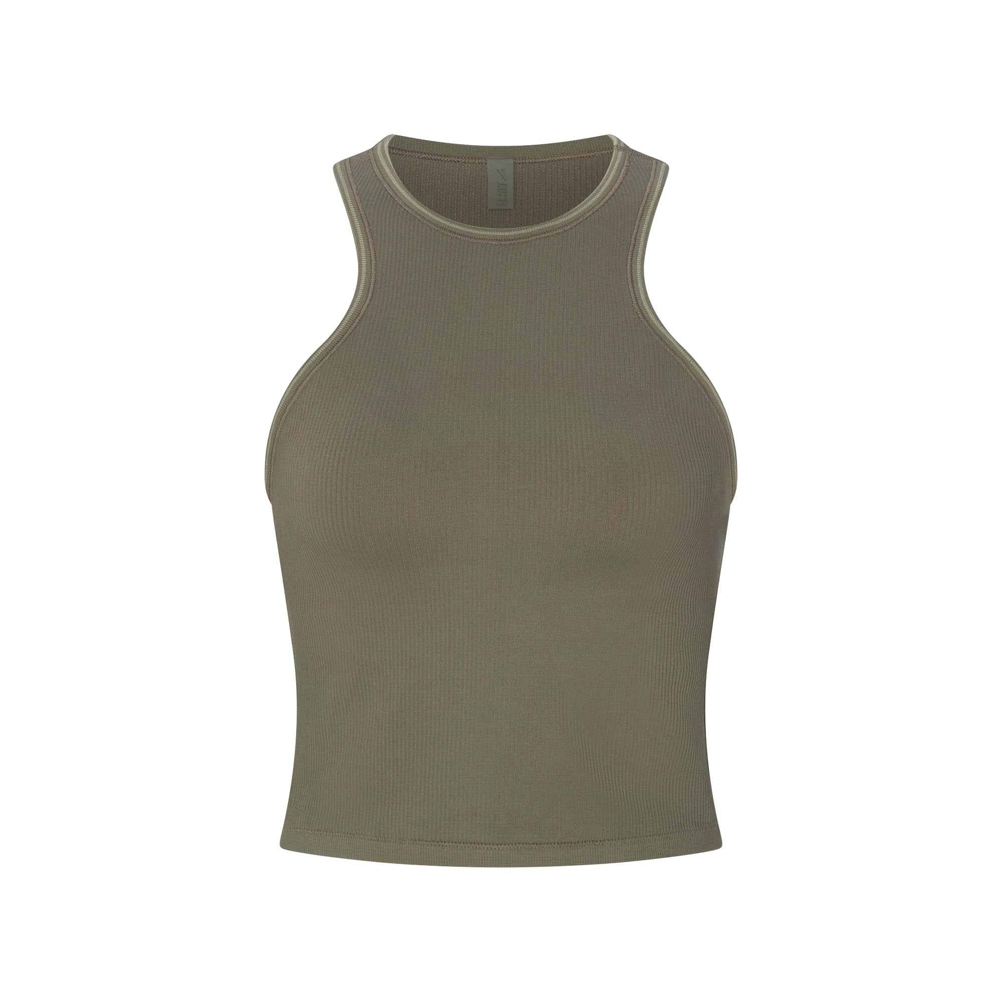 NikeSKIMS RIBBED SEAMLESS RACER FRONT TANK | DUSTY OAKMOSS FLAT ON A WHITE BACKGROUND | FLT