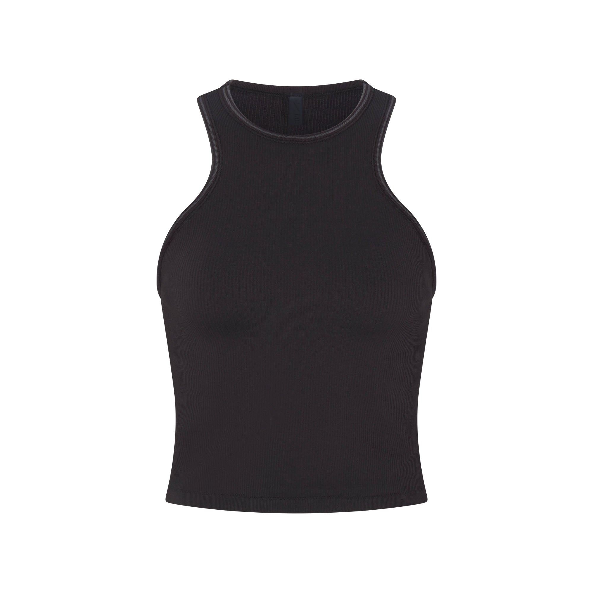 NikeSKIMS RIBBED SEAMLESS RACER FRONT TANK | OBSIDIAN/ARMOR FLAT ON A WHITE BACKGROUND | FLT