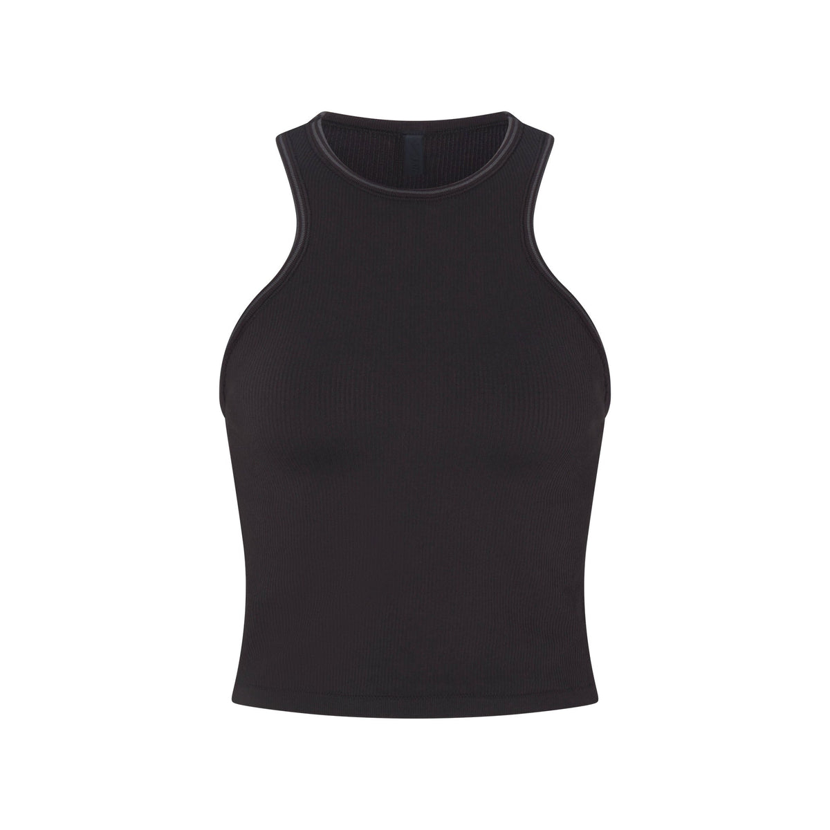 NikeSKIMS RIBBED SEAMLESS RACER FRONT TANK | OBSIDIAN/ARMOR FLAT ON A WHITE BACKGROUND | FLT