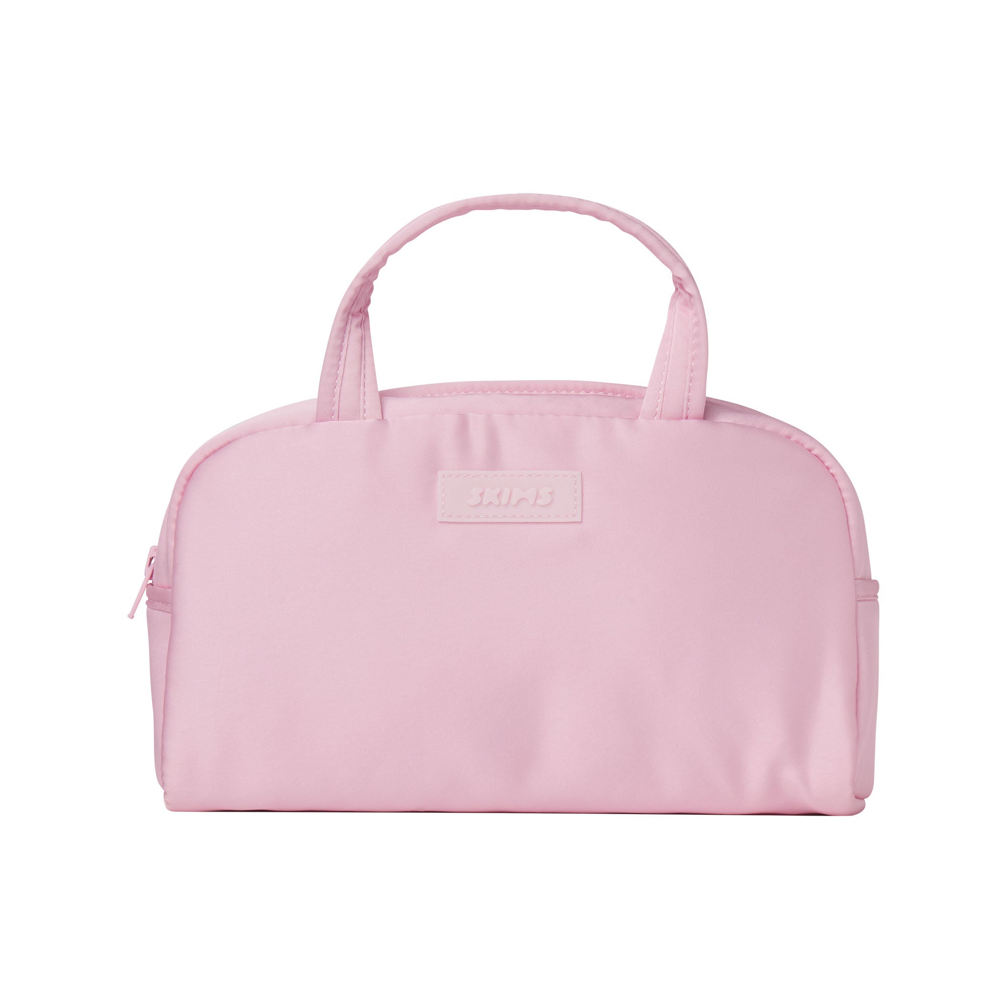 SKIMS ACCESSORIES SATIN MINI DUFFLE BAG | PEONY FLAT ON A WHITE BACKGROUND | FLT