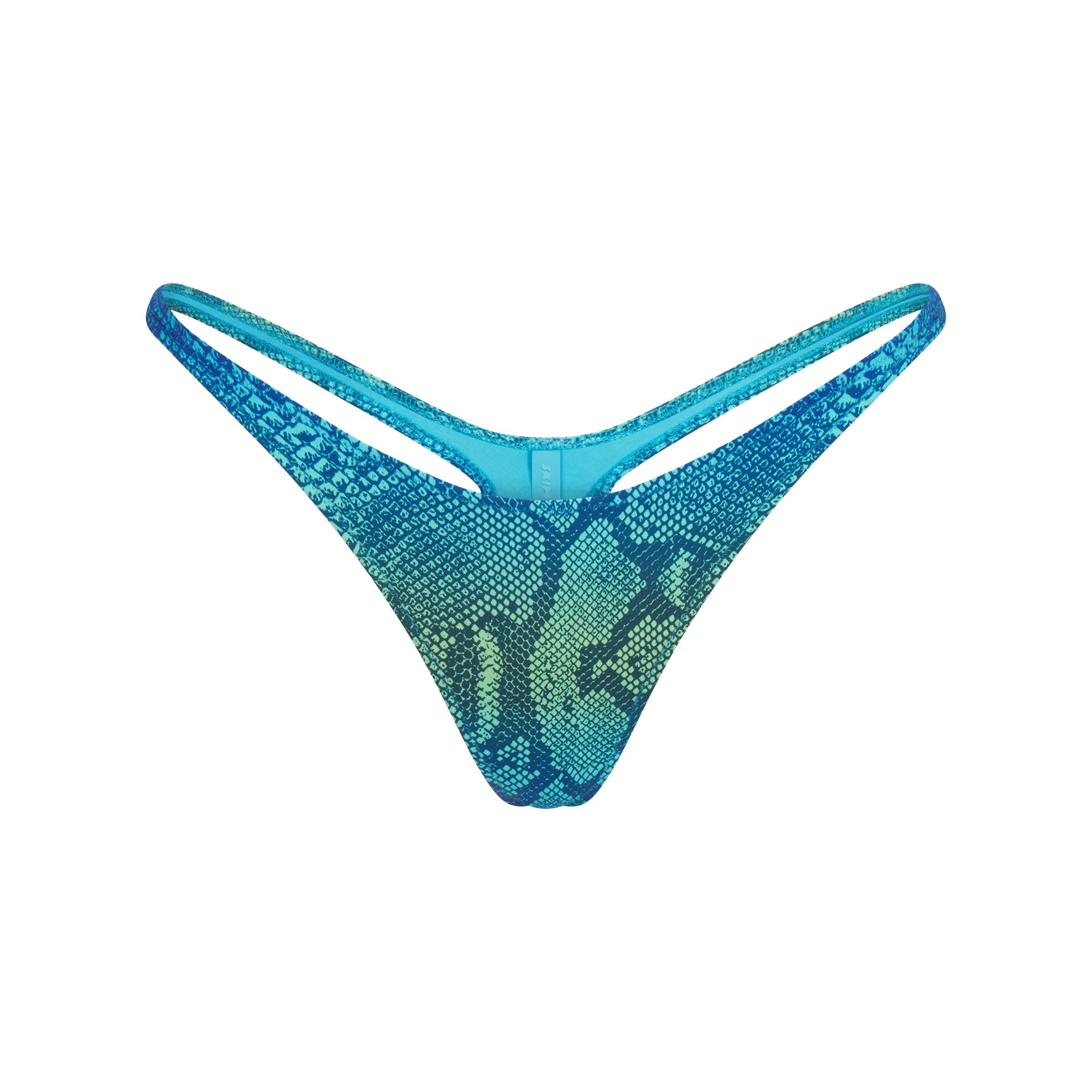 SIGNATURE SWIM THONG BIKINI BOTTOM | AQUA OMBRE SNAKE LAYS FLAT ON A WHITE BACKGROUND | FLT