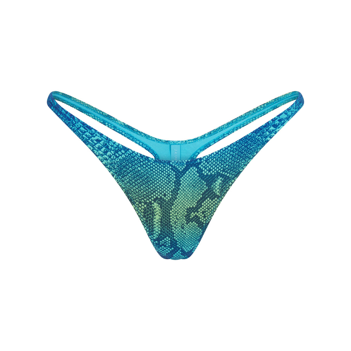 SIGNATURE SWIM THONG BIKINI BOTTOM | AQUA OMBRE SNAKE LAYS FLAT ON A WHITE BACKGROUND | FLT