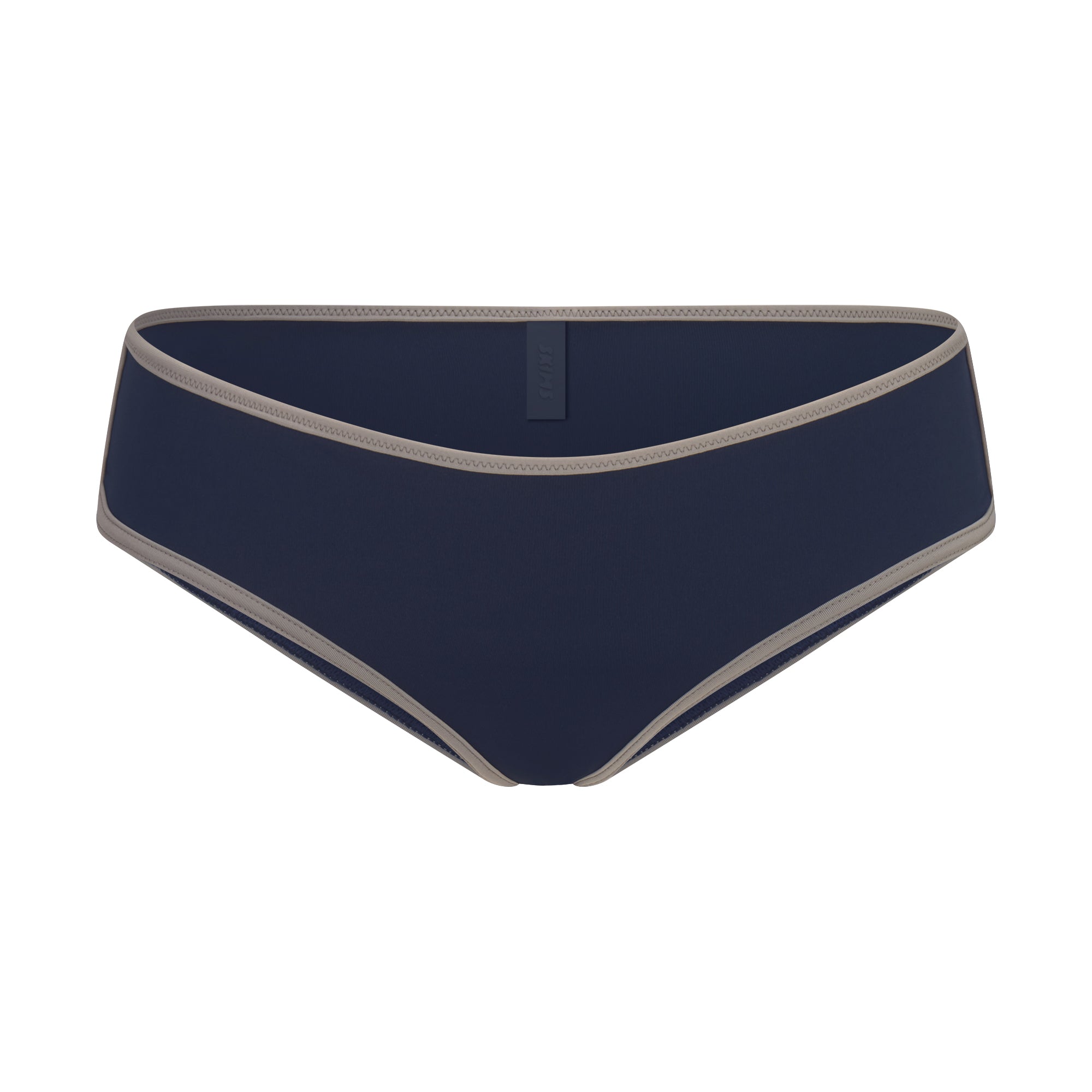 SIGNATURE SWIM HIPSTER BIKINI BOTTOM | NAVY CONTRAST LAYS FLAT ON A WHITE BACKGROUND | FLT