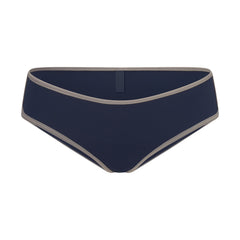 SIGNATURE SWIM HIPSTER BIKINI BOTTOM | NAVY CONTRAST LAYS FLAT ON A WHITE BACKGROUND | FLT