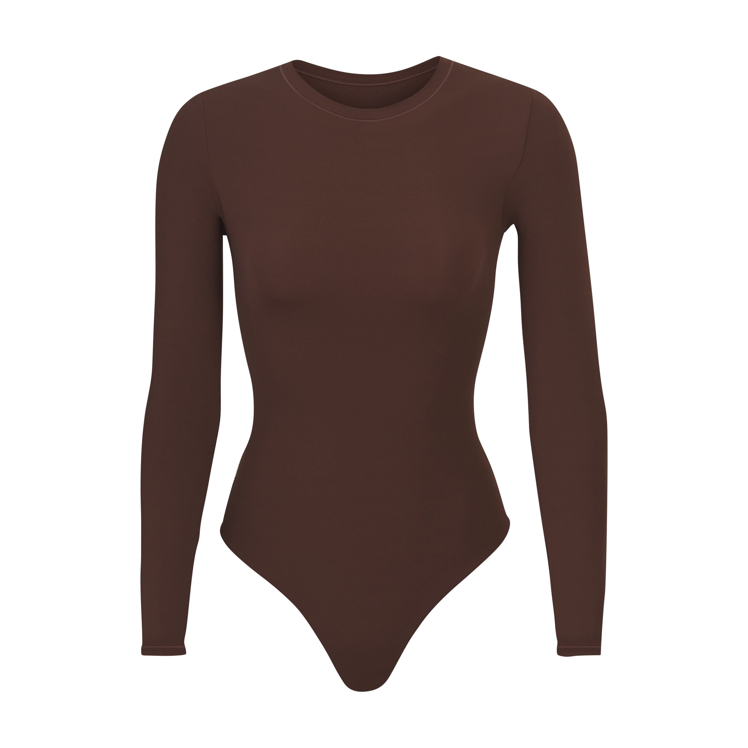 FITS EVERYBODY LONG SLEEVE CREW NECK BODYSUIT | COCOA (BODYSUITS) LAYS FLAT ON A WHITE BACKGROUND | FLT