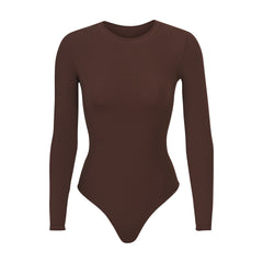FITS EVERYBODY LONG SLEEVE CREW NECK BODYSUIT | COCOA (BODYSUITS) LAYS FLAT ON A WHITE BACKGROUND | FLT