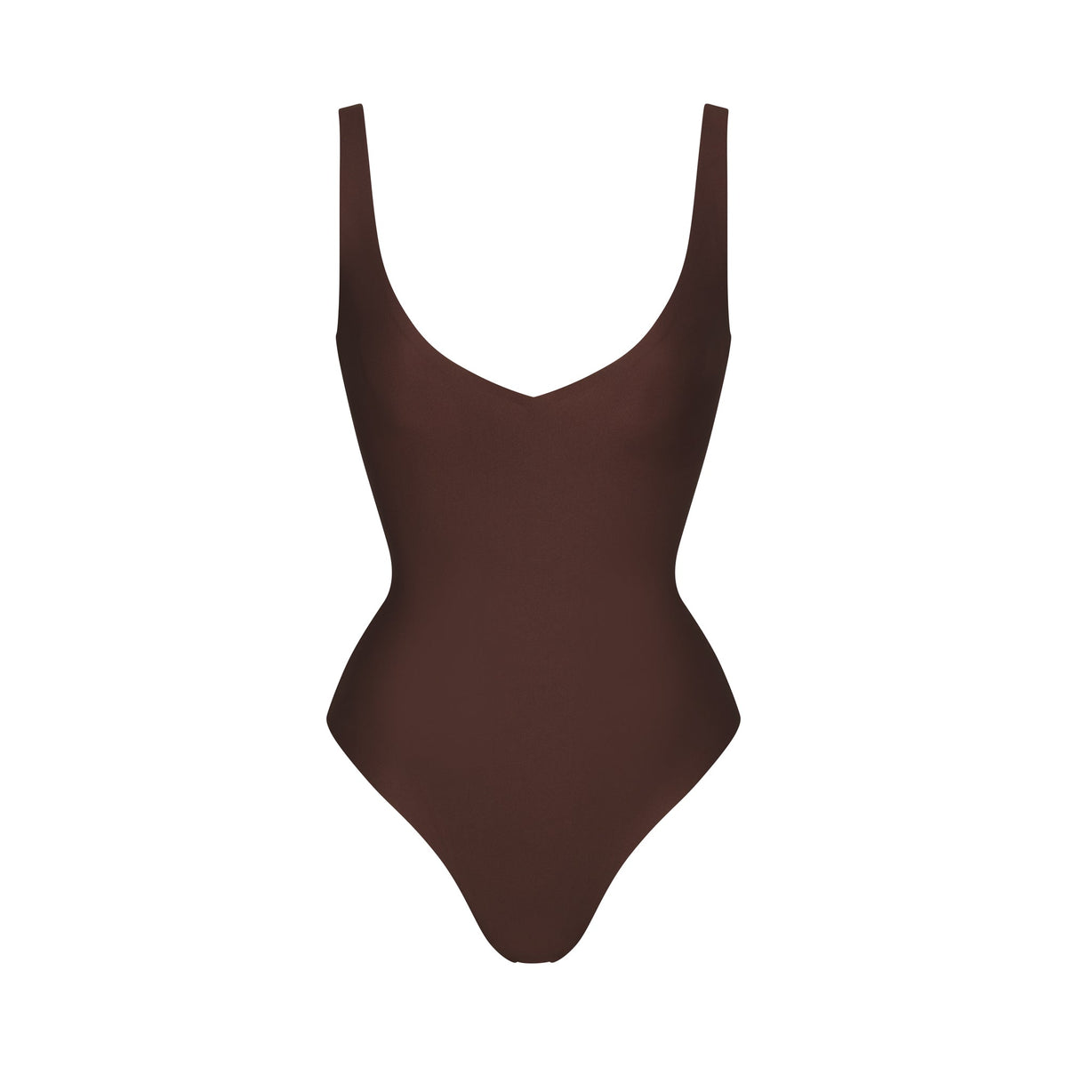 SKIMS BODY UNLINED PLUNGE THONG BODYSUIT | COCOA (SHAPEWEAR BODYSUITS, SHAPEWEAR) LAYS FLAT ON A WHITE BACKGROUND | FLT