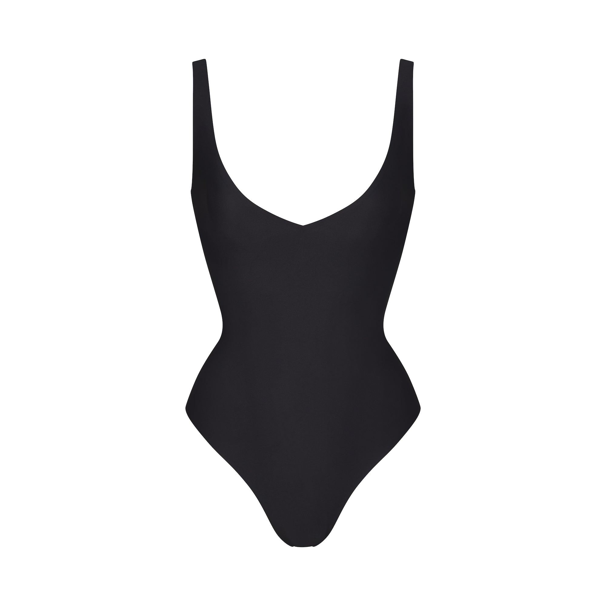 SKIMS BODY UNLINED PLUNGE THONG BODYSUIT | ONYX (SHAPEWEAR BODYSUITS, SHAPEWEAR) LAYS FLAT ON A WHITE BACKGROUND | FLT
