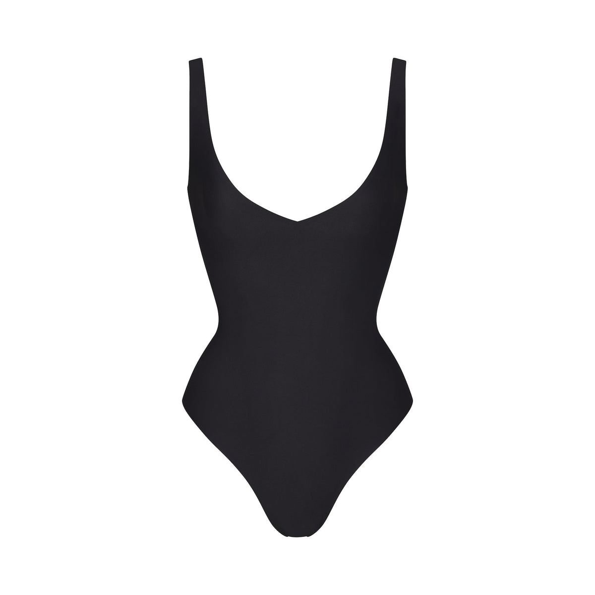 SKIMS BODY UNLINED PLUNGE THONG BODYSUIT | ONYX (SHAPEWEAR BODYSUITS, SHAPEWEAR) LAYS FLAT ON A WHITE BACKGROUND | FLT