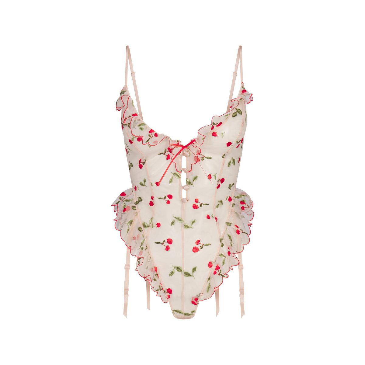 EMBROIDERED TULLE GARTER TEDDY | PRIMROSE CHERRY TULLE FLAT ON A WHITE BACKGROUND | FLT