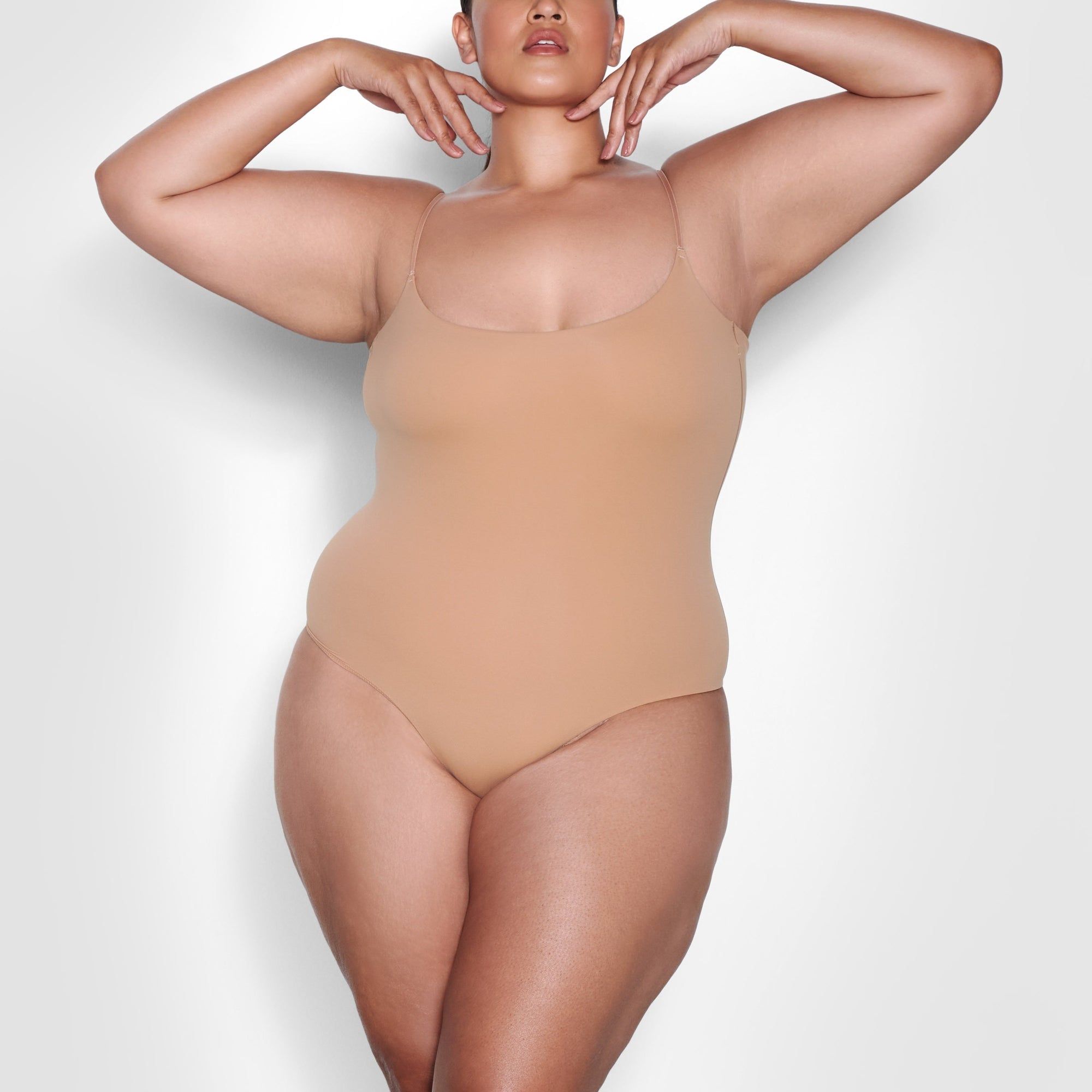 ON A MODEL FRONT VIEW FITS EVERYBODY CAMI BODYSUIT IN OCHRE 