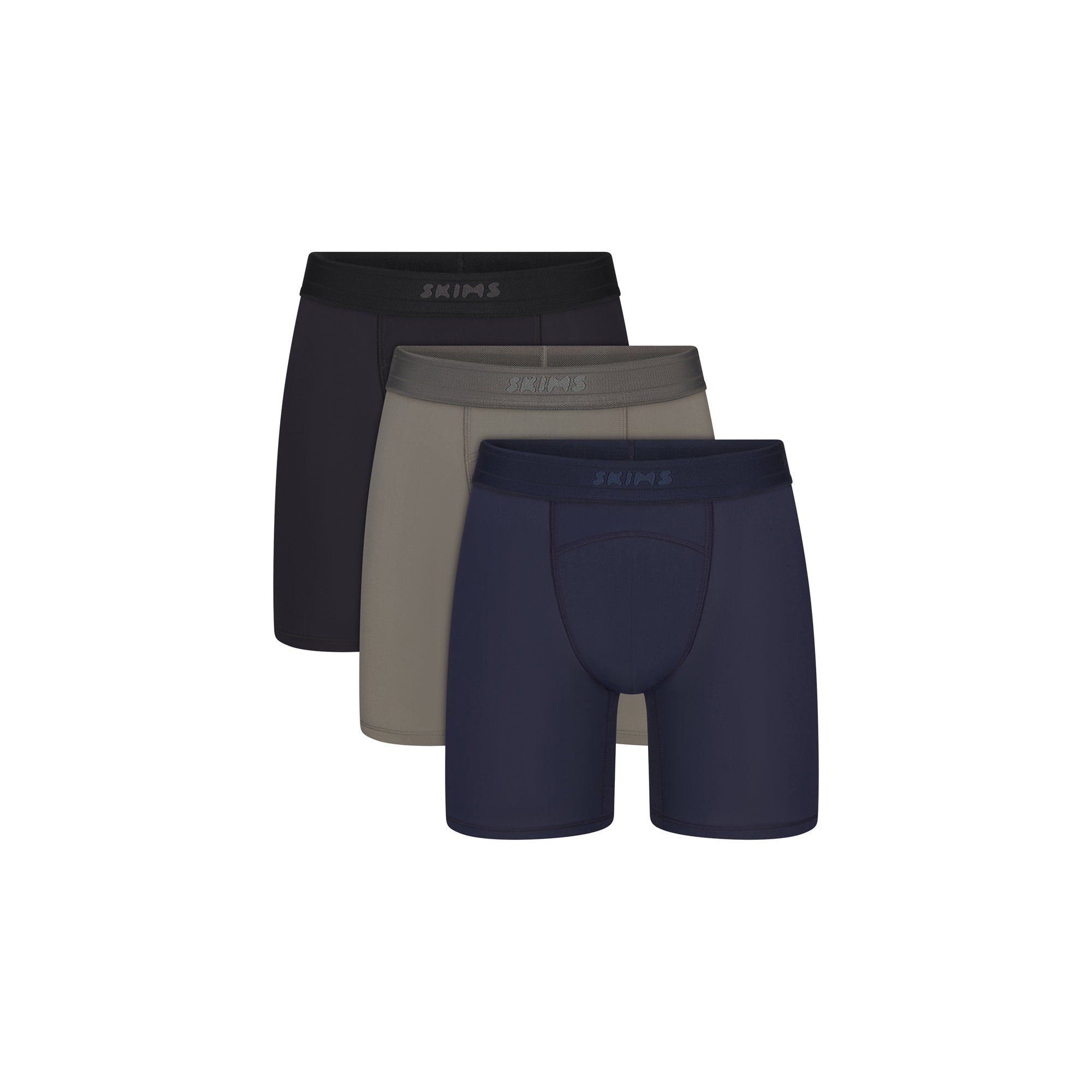 SKIMS FLEX MENS 5" BOXER BRIEF 3-PACK | NAVY GUNMETAL MULTI FLAT ON A WHITE BACKGROUND | FLT @ | FOCUS: 0.0, 1.0, 0.9