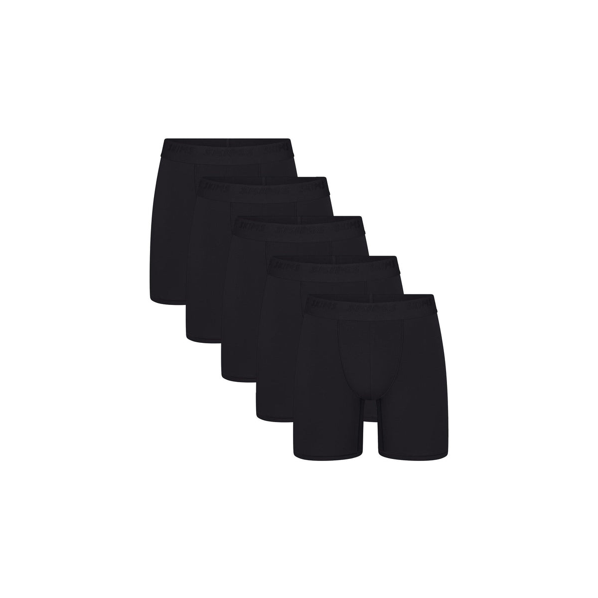 SKIMS STRETCH MENS 5" BOXER BRIEF 5-PACK | OBSIDIAN (MENS BOXERS) FLAT ON A WHITE BACKGROUND | FLT | FOCUS: 0.0, 1.0, 0.9