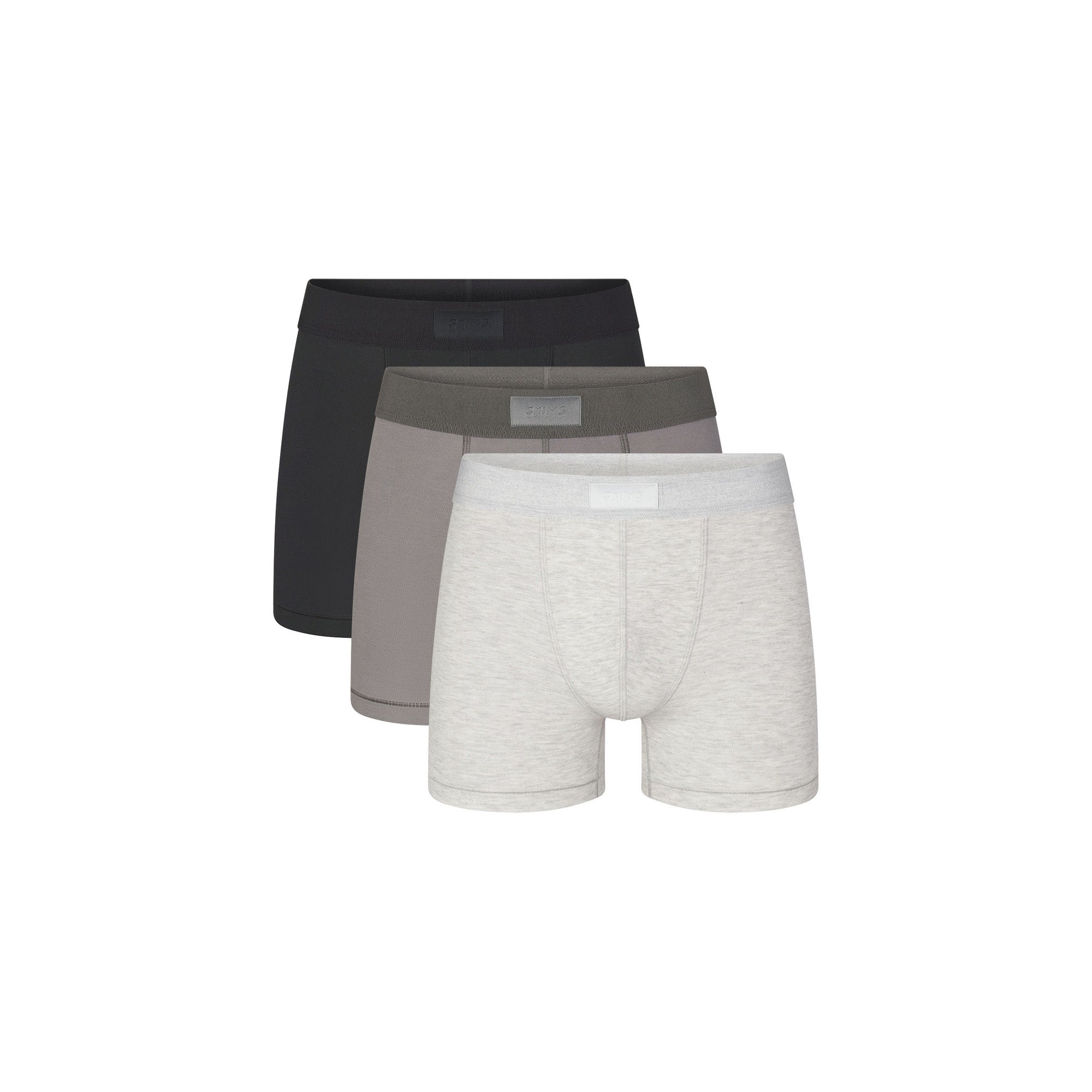 SKIMS COTTON MENS 3" BOXER BRIEF 3-PACK | HEATHER MULTI (MENS BOXERS, MENS UNDERWEAR) LAYS FLAT ON A WHITE BACKGROUND | FLT | FOCUS: 0.0, 1.0, 0.9