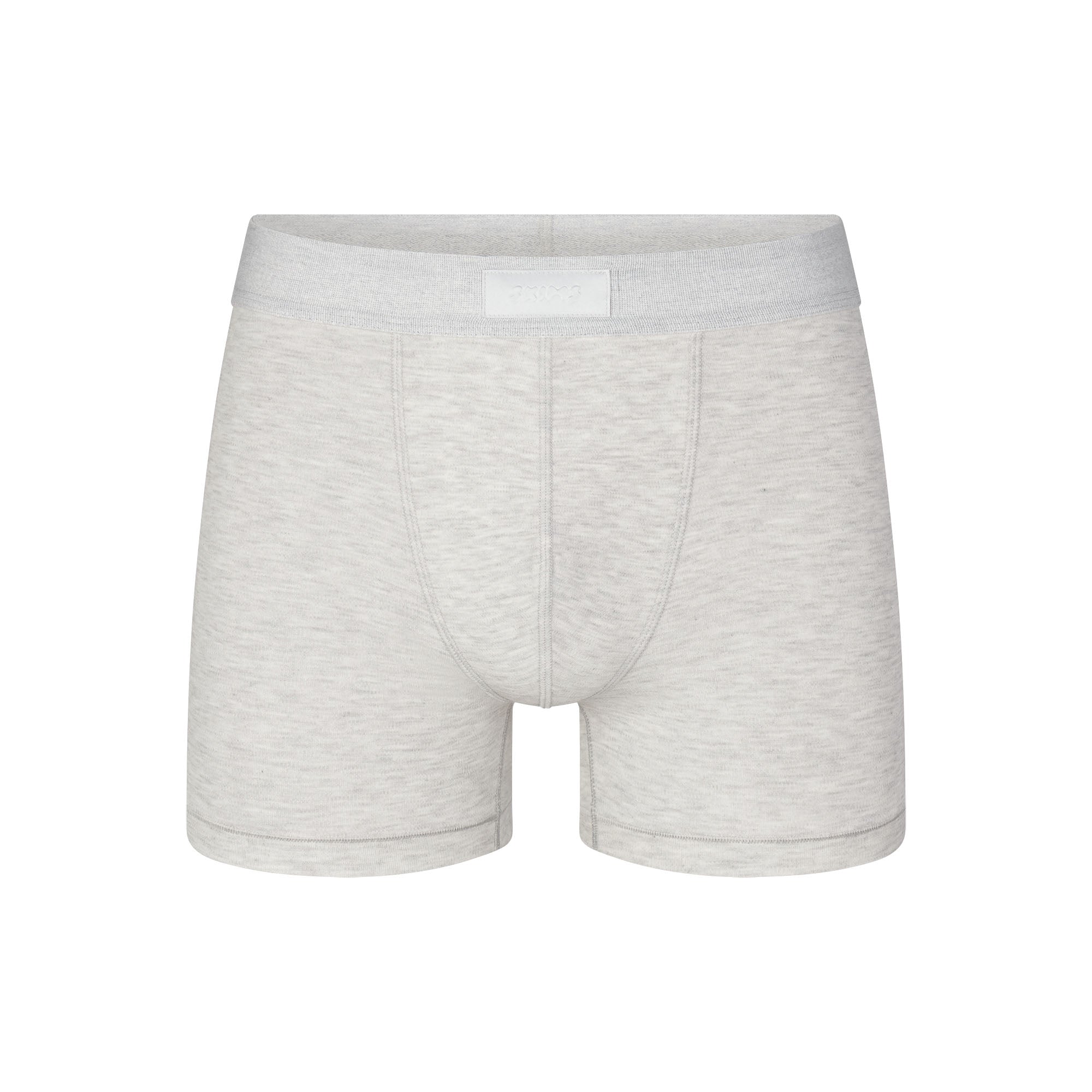 SKIMS COTTON MENS 3" BOXER BRIEF | LIGHT HEATHER GREY (MENS BOXERS, MENS UNDERWEAR) LAYS FLAT ON A WHITE BACKGROUND | FLT @ | FOCUS: 0.0, 1.0, 0.9