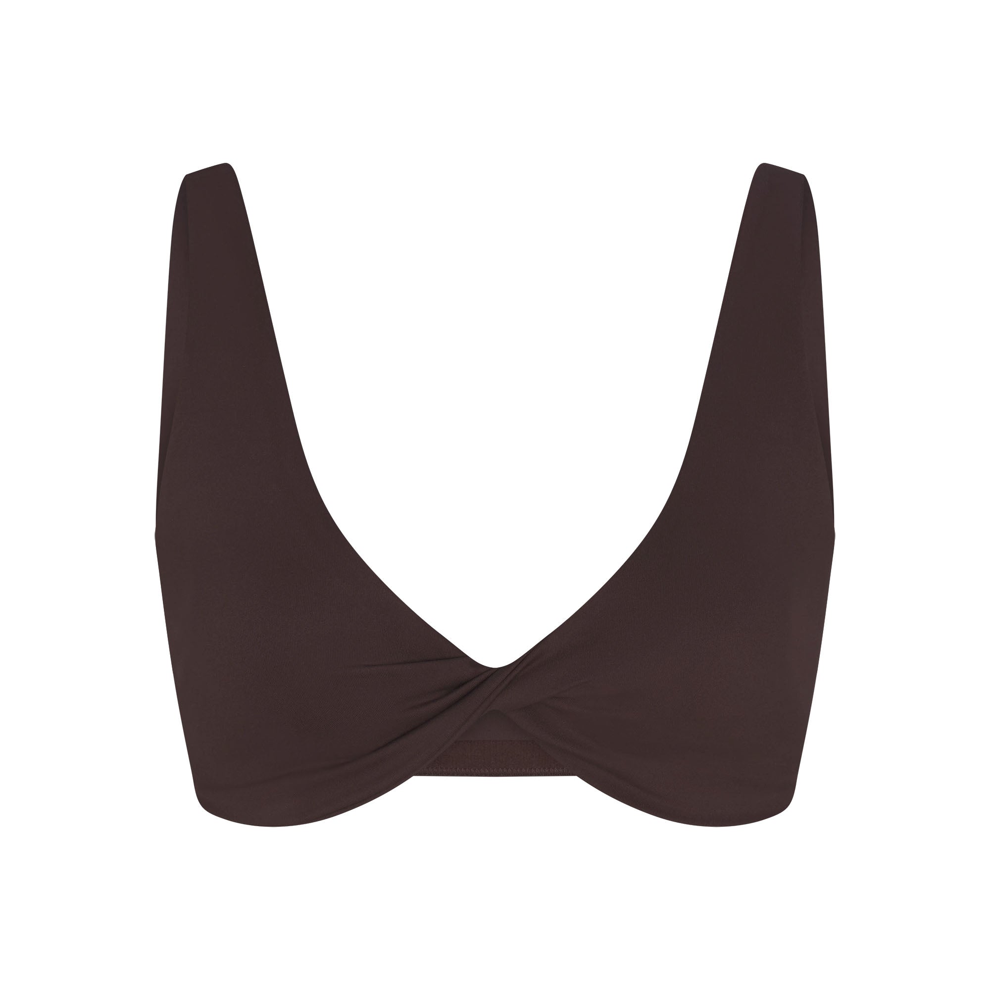 NikeSKIMS MATTE TWIST-FRONT BRA | DARK SEPIA FLAT ON A WHITE BACKGROUND | FLT